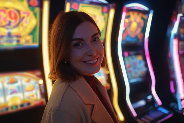 A glamorous woman holding casino chips in a neon-lit environment, representing the premium online casino atmosphere of CHEZABET.
